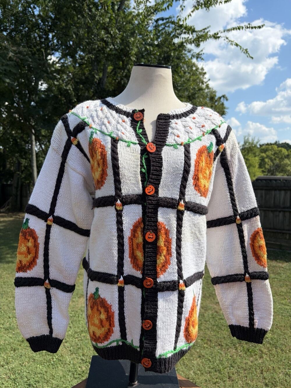 Vintage Eagles Eye Hand Knit Halloween Sweater Pumpkins Candy Corn Small Rare